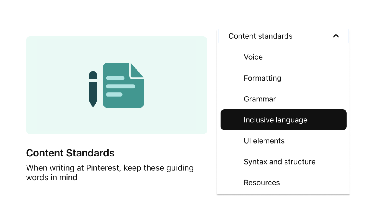 Content standards side navigation highlighting Inclusive Language.