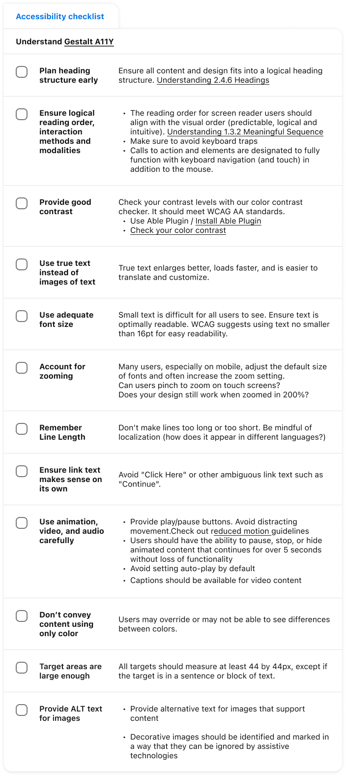 Design A11y checklist visual sample.